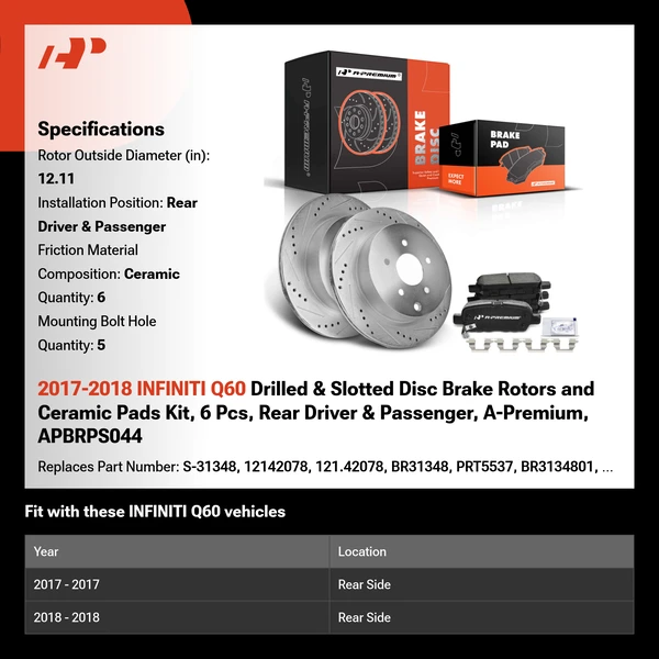 2017-2018 INFINITI Q60 Drilled & Slotted Disc Brake Rotors and Ceramic Pads Kit, 6 Pcs, Rear Driver & Passenger, A-Premium, APBRPS044