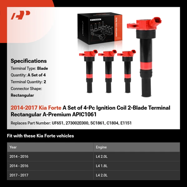 2014-2017 Kia Forte A Set of 4-Pc Ignition Coil 2-Blade Terminal Rectangular A-Premium APIC1061