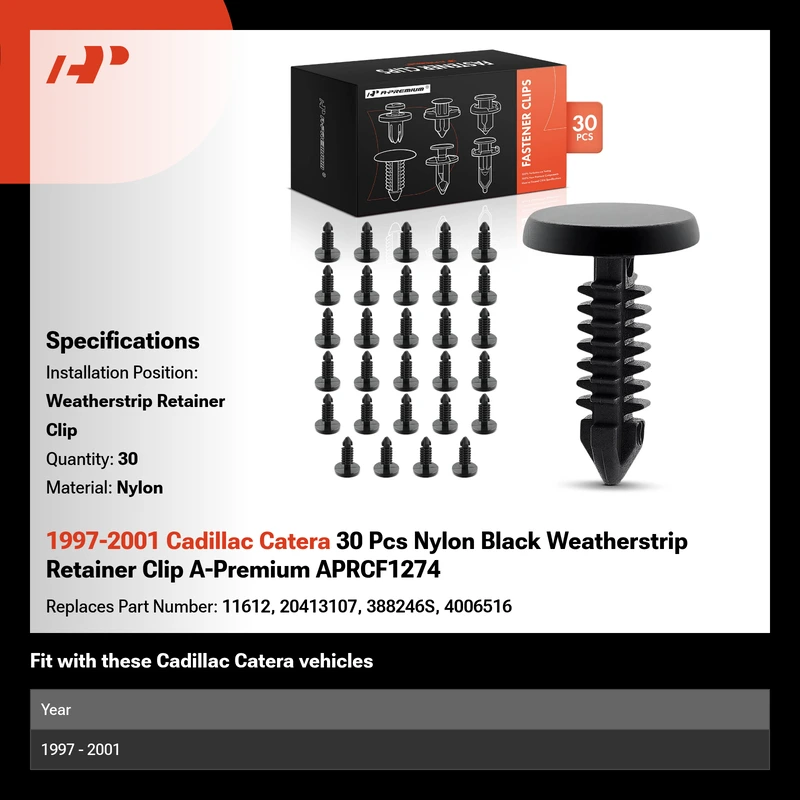 1997-2001 Cadillac Catera 30 Pcs Nylon Black Weatherstrip Retainer Clip A-Premium APRCF1274