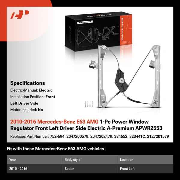 2010-2016 Mercedes-Benz E63 AMG 1-Pc Power Window Regulator Front Left Driver Side Electric A-Premium APWR2553