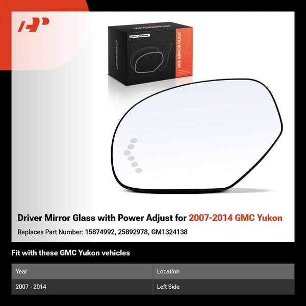 Driver Mirror Glass with Power Adjust for 2007-2014 GMC Yukon