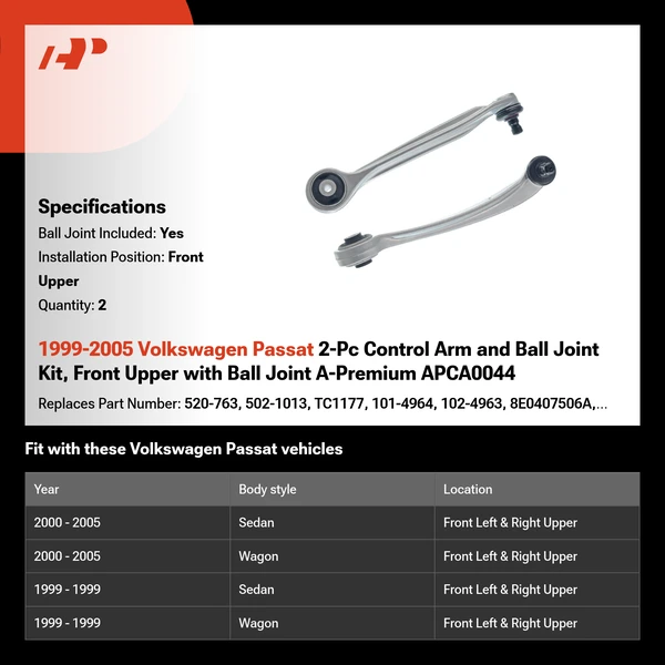 1999-2005 Volkswagen Passat 2-Pc Control Arm and Ball Joint Kit, Front Upper with Ball Joint A-Premium APCA0044