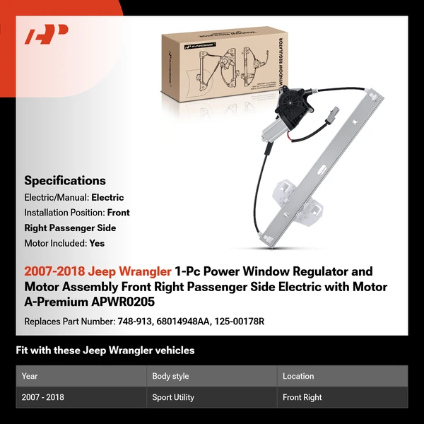 2007-2018 Jeep Wrangler 1-Pc Power Window Regulator and Motor Assembly Front Right Passenger Side Electric with Motor A-Premium APWR0205