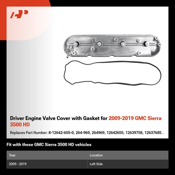 Driver Engine Valve Cover with Gasket for 2009-2019 GMC Sierra 3500 HD