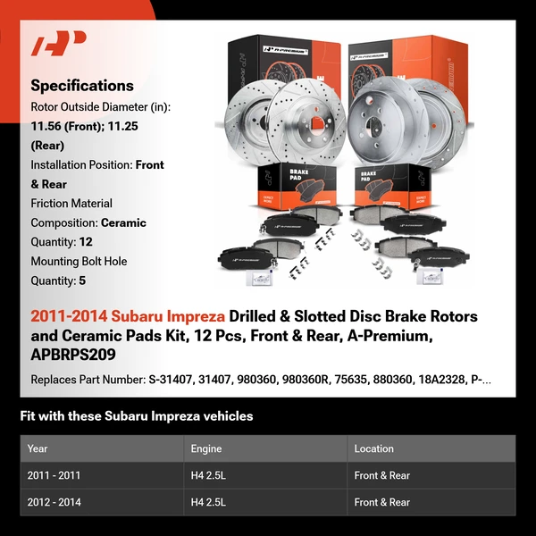 2011-2014 Subaru Impreza Drilled & Slotted Disc Brake Rotors and Ceramic Pads Kit, 12 Pcs, Front & Rear, A-Premium, APBRPS209