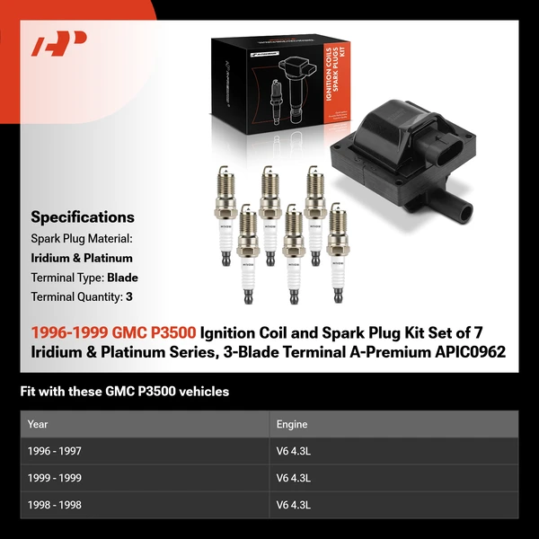 1996-1999 GMC P3500 Ignition Coil and Spark Plug Kit Set of 7 Iridium & Platinum Series, 3-Blade Terminal A-Premium APIC0962