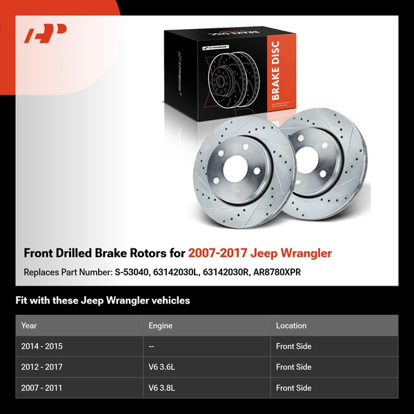 Front Drilled Brake Rotors for 2007-2017 Jeep Wrangler