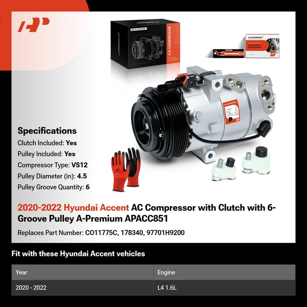 2020-2022 Hyundai Accent AC Compressor with Clutch with 6-Groove Pulley A-Premium APACC851