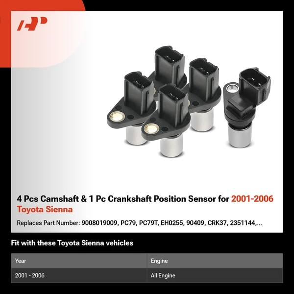 4 Pcs Camshaft & 1 Pc Crankshaft Position Sensor for 2001-2006 Toyota Sienna