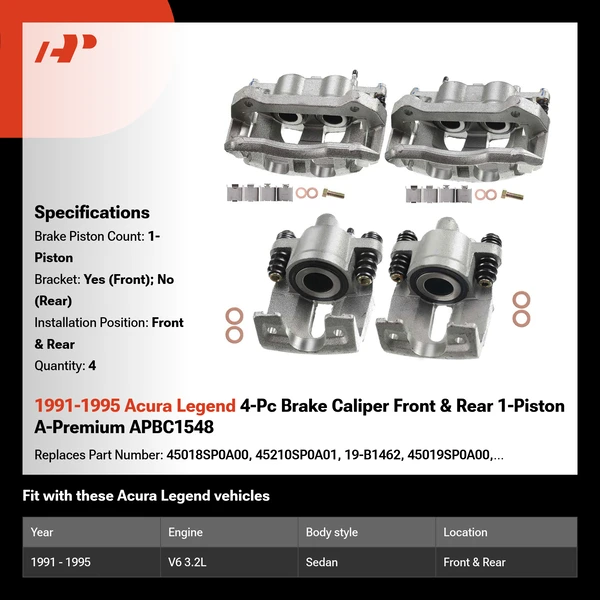 1991-1995 Acura Legend 4-Pc Brake Caliper Front & Rear 1-Piston A-Premium APBC1548