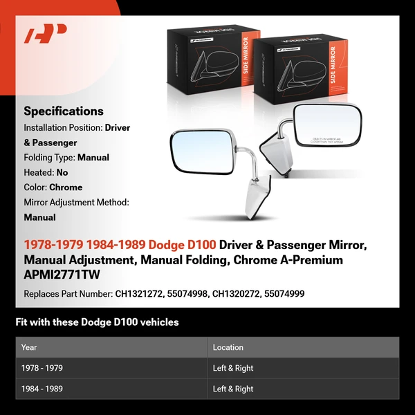 1978-1979 1984-1989 Dodge D100 Driver & Passenger Mirror, Manual Adjustment, Manual Folding, Chrome A-Premium APMI2771TW