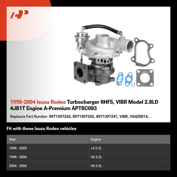 1998-2004 Isuzu Rodeo Turbocharger RHF5, VIBR Model 2.8LD 4JB1T Engine A-Premium APTBC083