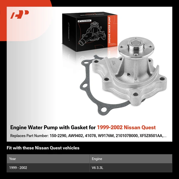 Engine Water Pump with Gasket for 1999-2002 Nissan Quest