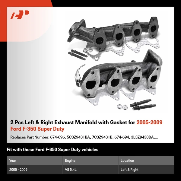 2 Pcs Left & Right Exhaust Manifold with Gasket for 2005-2009 Ford F-350 Super Duty