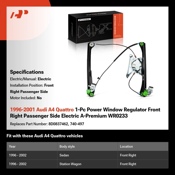 1996-2001 Audi A4 Quattro 1-Pc Power Window Regulator Front Right Passenger Side Electric A-Premium WR0233