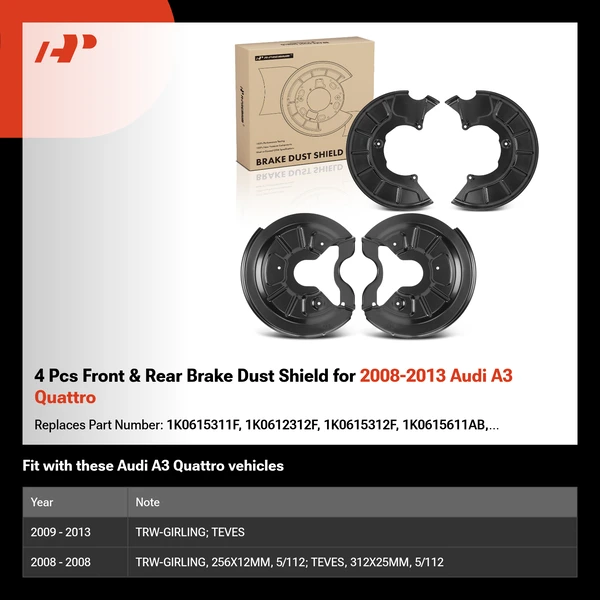 4 Pcs Front & Rear Brake Dust Shield for 2008-2013 Audi A3 Quattro