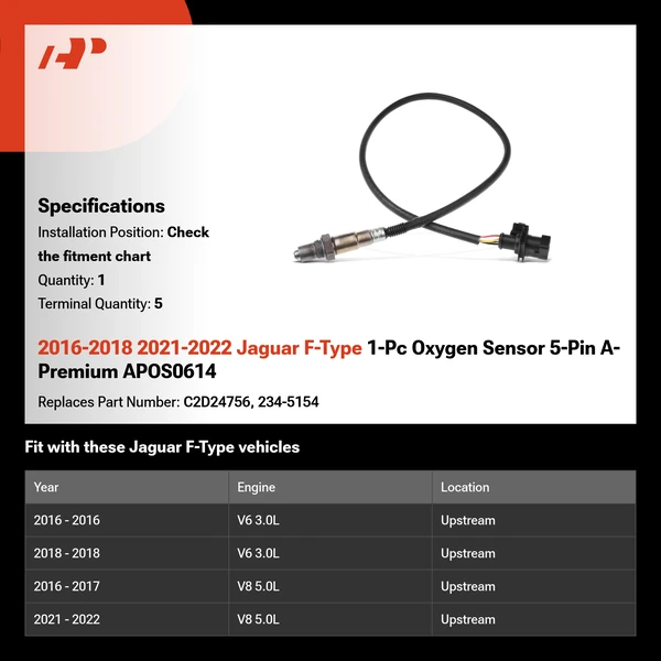 2016-2018 2021-2022 Jaguar F-Type 1-Pc Oxygen Sensor 5-Pin A-Premium APOS0614