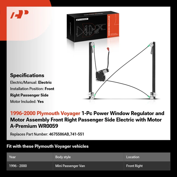 1996-2000 Plymouth Voyager 1-Pc Power Window Regulator and Motor Assembly Front Right Passenger Side Electric with Motor A-Premium WR0059