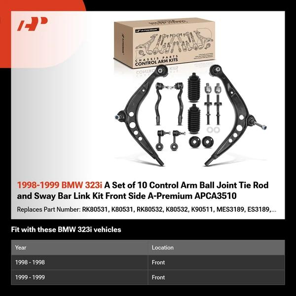 1998-1999 BMW 323i A Set of 10 Control Arm Ball Joint Tie Rod and Sway Bar Link Kit Front Side A-Premium APCA3510