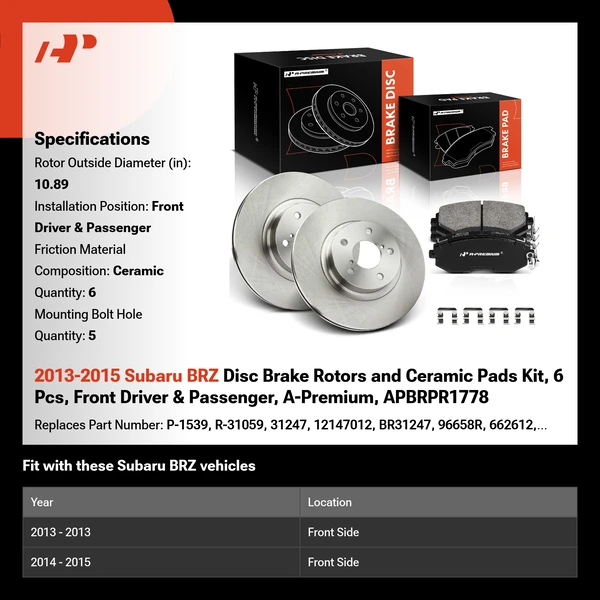 2013-2015 Subaru BRZ Disc Brake Rotors and Ceramic Pads Kit, 6 Pcs, Front Driver & Passenger, A-Premium, APBRPR1778