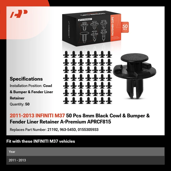 2011-2013 INFINITI M37 50 Pcs 8mm Black Cowl & Bumper & Fender Liner Retainer A-Premium APRCF815
