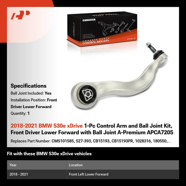 2018-2021 BMW 530e xDrive 1-Pc Control Arm and Ball Joint Kit, Front Driver Lower Forward with Ball Joint A-Premium APCA7205