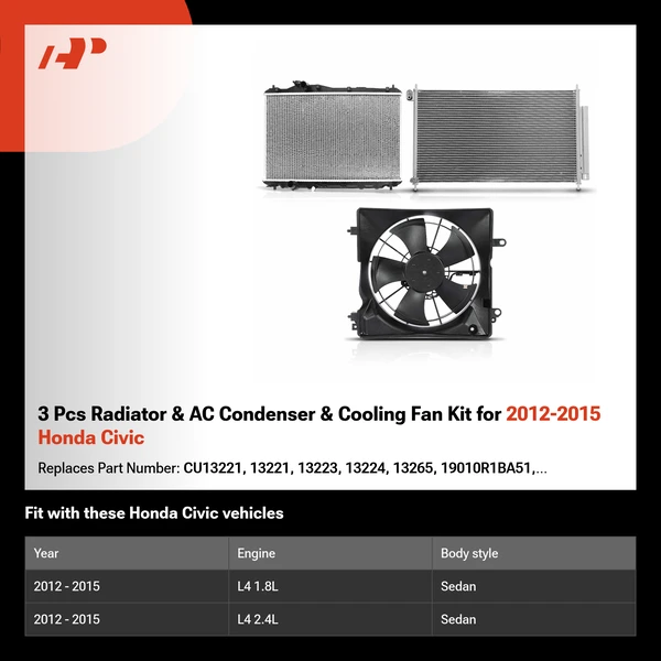 3 Pcs Radiator & AC Condenser & Cooling Fan Kit for 2012-2015 Honda Civic