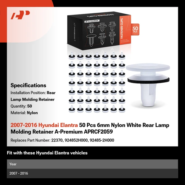 2007-2016 Hyundai Elantra 50 Pcs 6mm Nylon White Rear Lamp Molding Retainer A-Premium APRCF2059