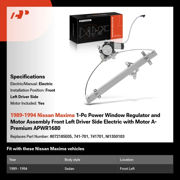 1989-1994 Nissan Maxima 1-Pc Power Window Regulator and Motor Assembly Front Left Driver Side Electric with Motor A-Premium APWR1680