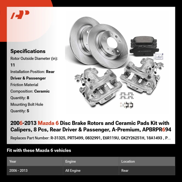 2006-2013 Mazda 6 Disc Brake Rotors and Ceramic Pads Kit with Calipers, 8 Pcs, Rear Driver & Passenger, A-Premium, APBRPR694