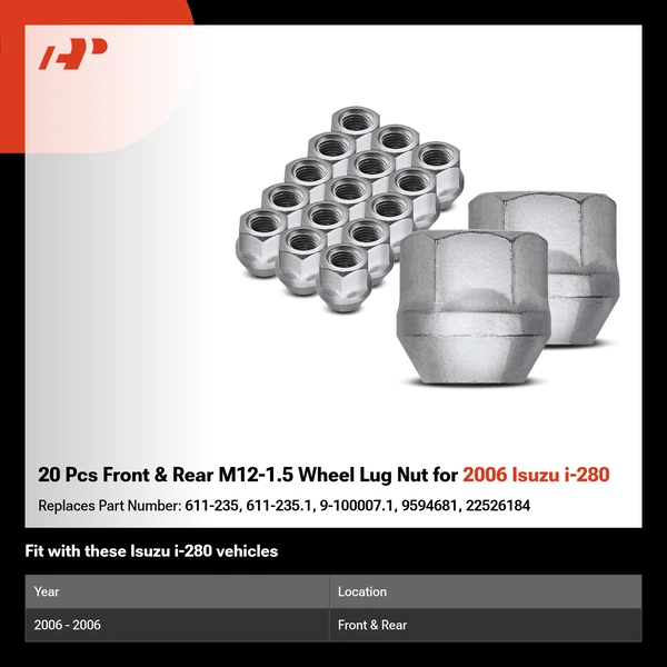 20 Pcs Front & Rear M12-1.5 Wheel Lug Nut for 2006 Isuzu i-280