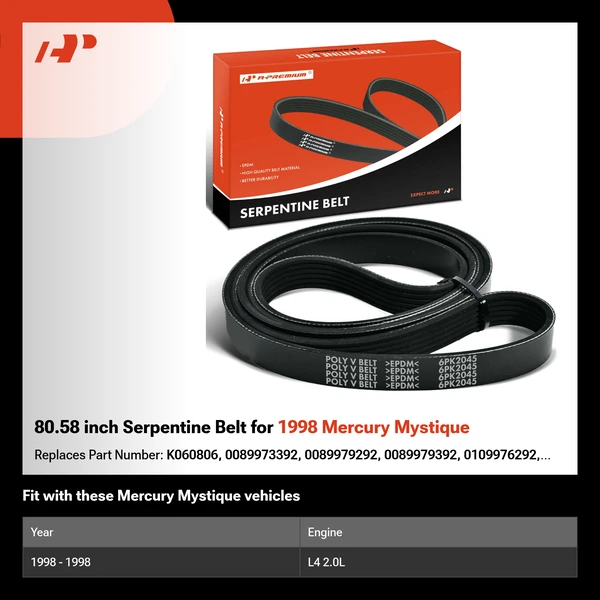 80.58 inch Serpentine Belt for 1998 Mercury Mystique