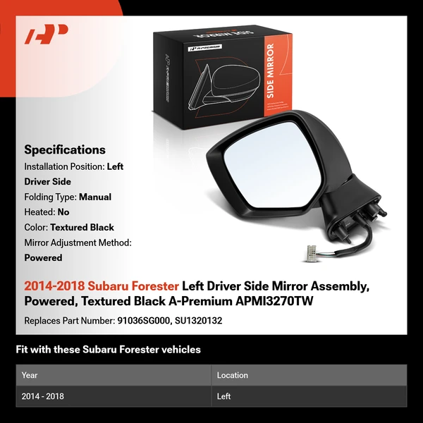 2014-2018 Subaru Forester Left Driver Side Mirror Assembly, Powered, Textured Black A-Premium APMI3270TW