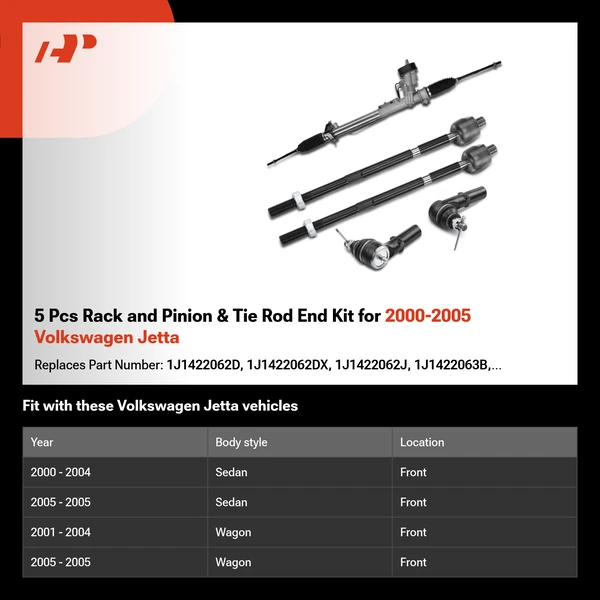 5 Pcs Rack and Pinion & Tie Rod End Kit for 2000-2005 Volkswagen Jetta