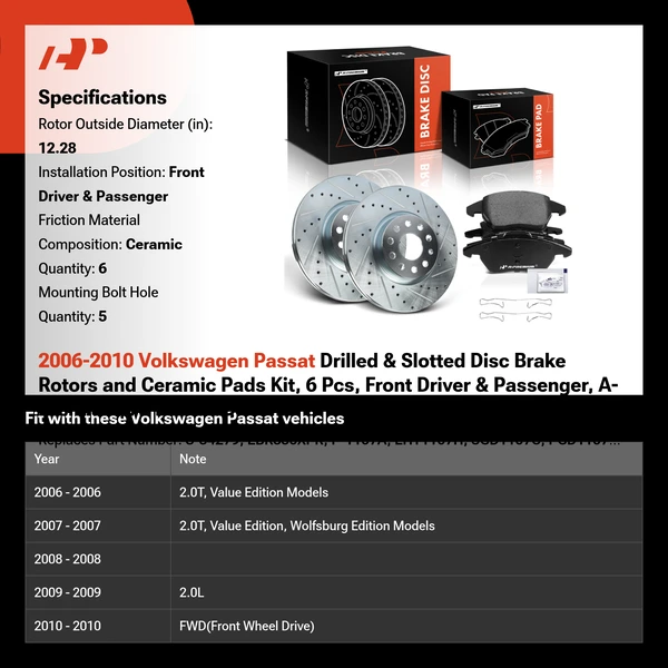 2006-2010 Volkswagen Passat Drilled & Slotted Disc Brake Rotors and Ceramic Pads Kit, 6 Pcs, Front Driver & Passenger, A-Premium, APBRPS419