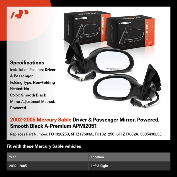2002-2005 Mercury Sable Driver & Passenger Mirror, Powered, Smooth Black A-Premium APMI2051