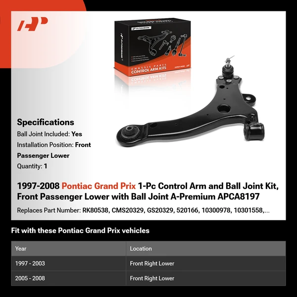 1997-2008 Pontiac Grand Prix 1-Pc Control Arm and Ball Joint Kit, Front Passenger Lower with Ball Joint A-Premium APCA8197