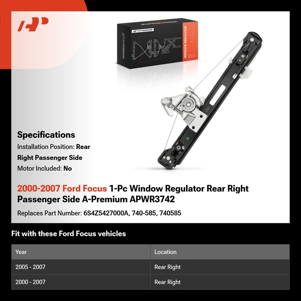 2000-2007 Ford Focus 1-Pc Window Regulator Rear Right Passenger Side A-Premium APWR3742