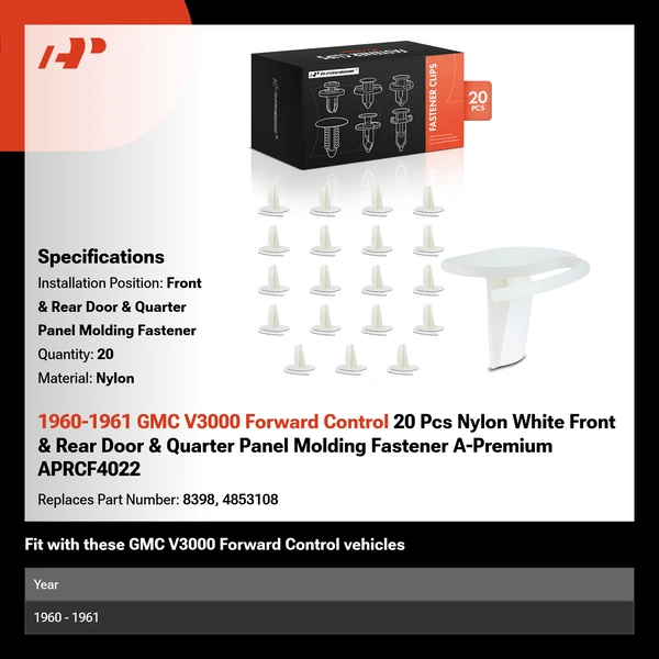 1960-1961 GMC V3000 Forward Control 20 Pcs Nylon White Front & Rear Door & Quarter Panel Molding Fastener A-Premium APRCF4022