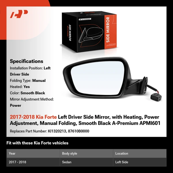2017-2018 Kia Forte Left Driver Side Mirror, with Heating, Power Adjustment, Manual Folding, Smooth Black A-Premium APMI601