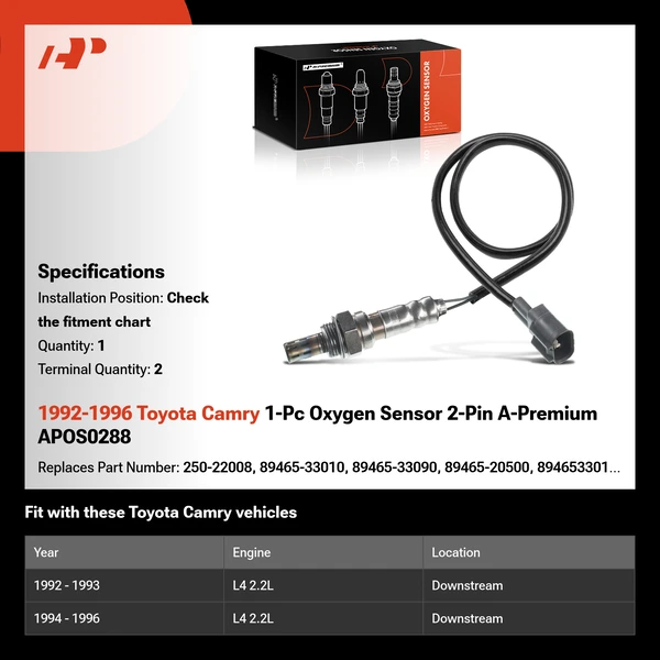 1992-1996 Toyota Camry 1-Pc Oxygen Sensor 2-Pin A-Premium APOS0288