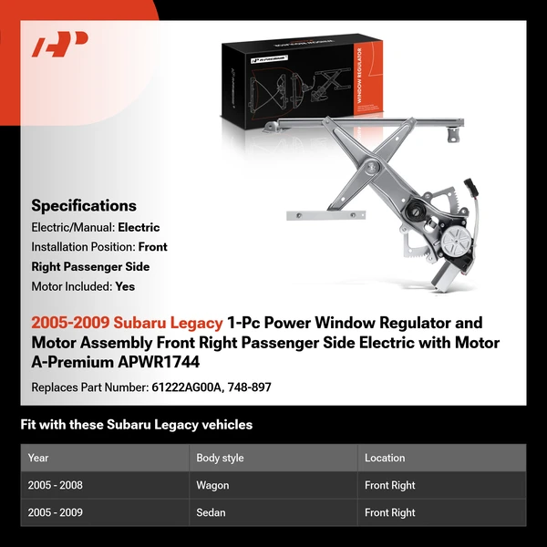 2005-2009 Subaru Legacy 1-Pc Power Window Regulator and Motor Assembly Front Right Passenger Side Electric with Motor A-Premium APWR1744