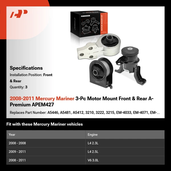 2008-2011 Mercury Mariner 3-Pc Motor Mount Front & Rear A-Premium APEM427