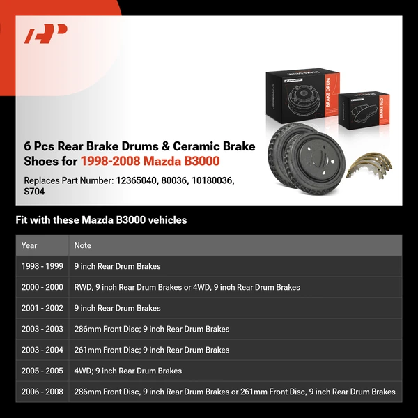6 Pcs Rear Brake Drums & Ceramic Brake Shoes for 1998-2008 Mazda B3000