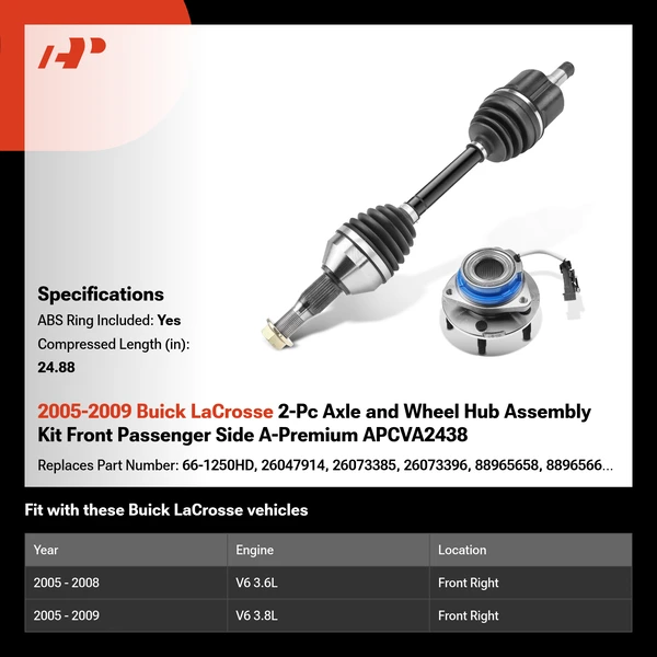 2005-2009 Buick LaCrosse 2-Pc Axle and Wheel Hub Assembly Kit Front Passenger Side A-Premium APCVA2438