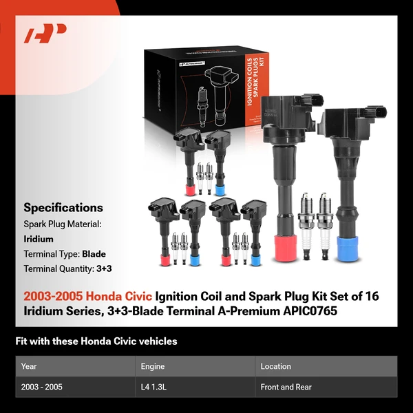 2003-2005 Honda Civic Ignition Coil and Spark Plug Kit Set of 16 Iridium Series, 3+3-Blade Terminal A-Premium APIC0765