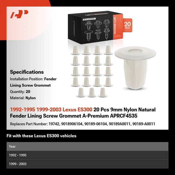 1992-1995 1999-2003 Lexus ES300 20 Pcs 9mm Nylon Natural Fender Lining Screw Grommet A-Premium APRCF4535