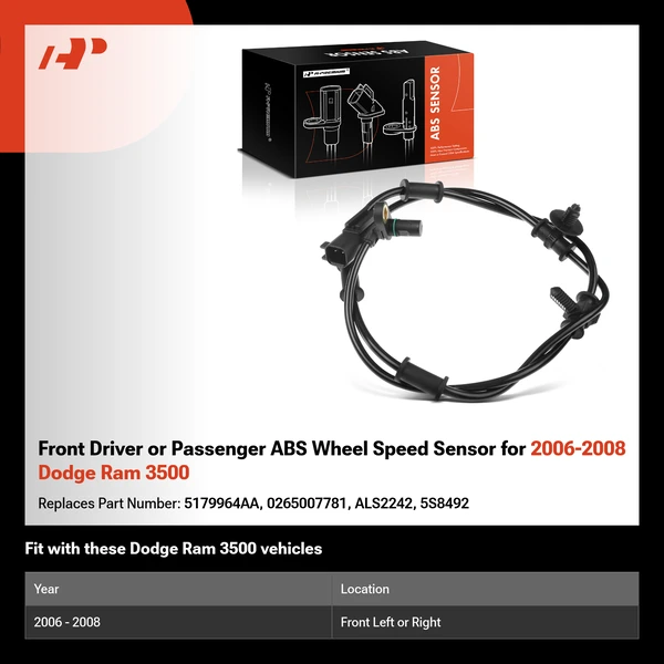 Front Driver or Passenger ABS Wheel Speed Sensor for 2006-2008 Dodge Ram 3500