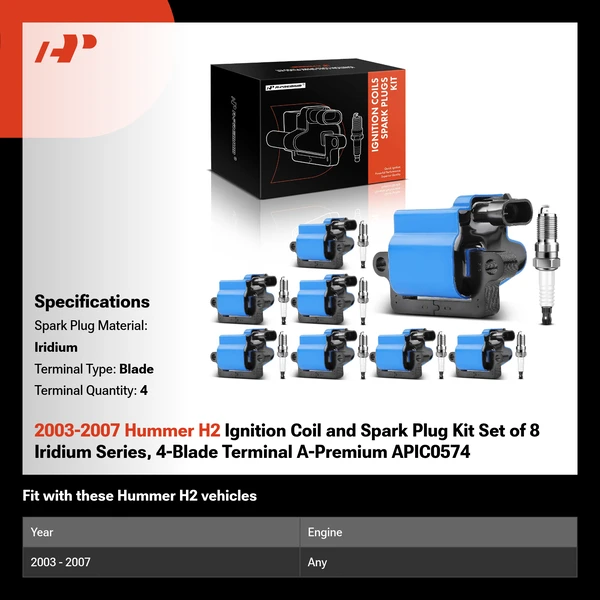 2003-2007 Hummer H2 Ignition Coil and Spark Plug Kit Set of 8 Iridium Series, 4-Blade Terminal A-Premium APIC0574