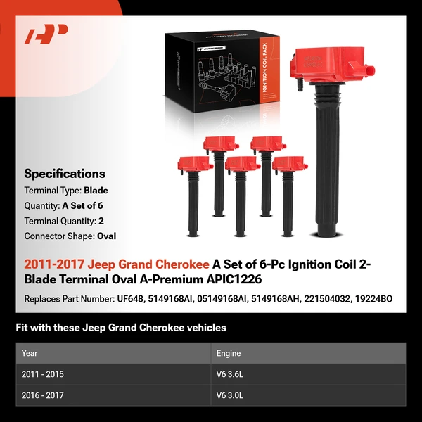 2011-2017 Jeep Grand Cherokee A Set of 6-Pc Ignition Coil 2-Blade Terminal Oval A-Premium APIC1226